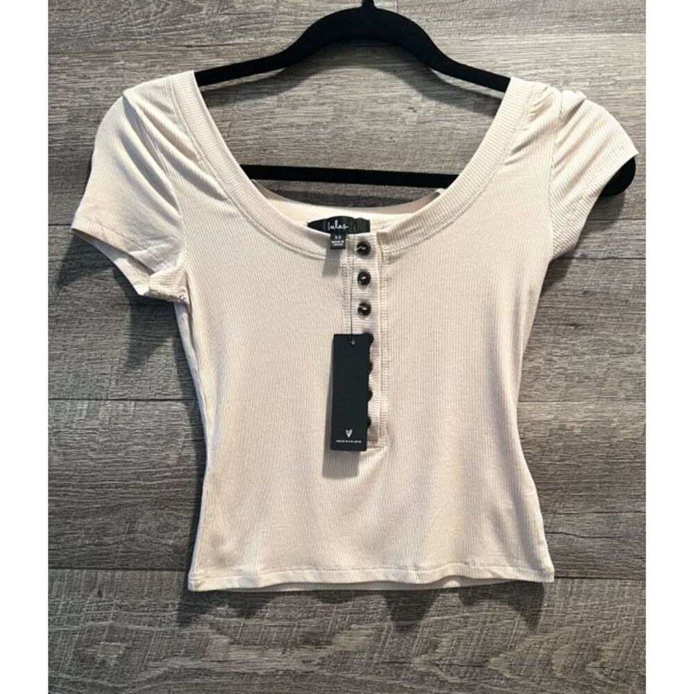 Lulus Heather Beige Henley Ribbed Cropped Top Size Xtra Small